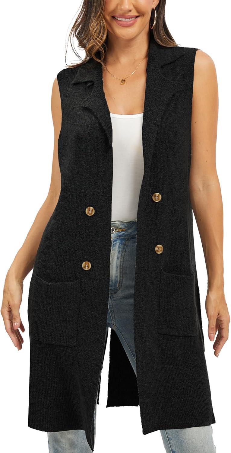 imageMoss Rose Sleeveless Cardigans for Women Open Front Sweaters Vest Lapel Collar Button Down Long Outerwear CoatsBlack