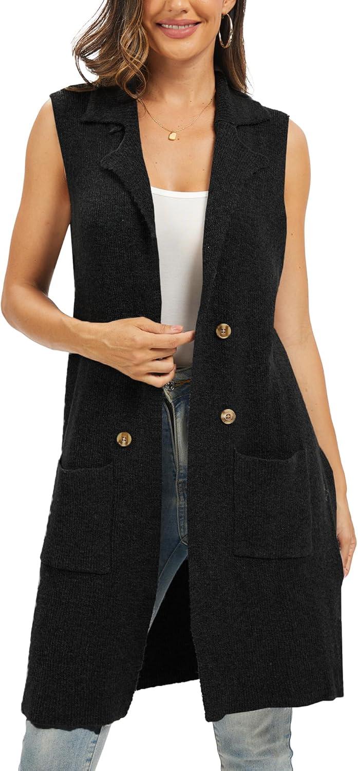 imageMoss Rose Sleeveless Cardigans for Women Open Front Sweaters Vest Lapel Collar Button Down Long Outerwear CoatsBlack