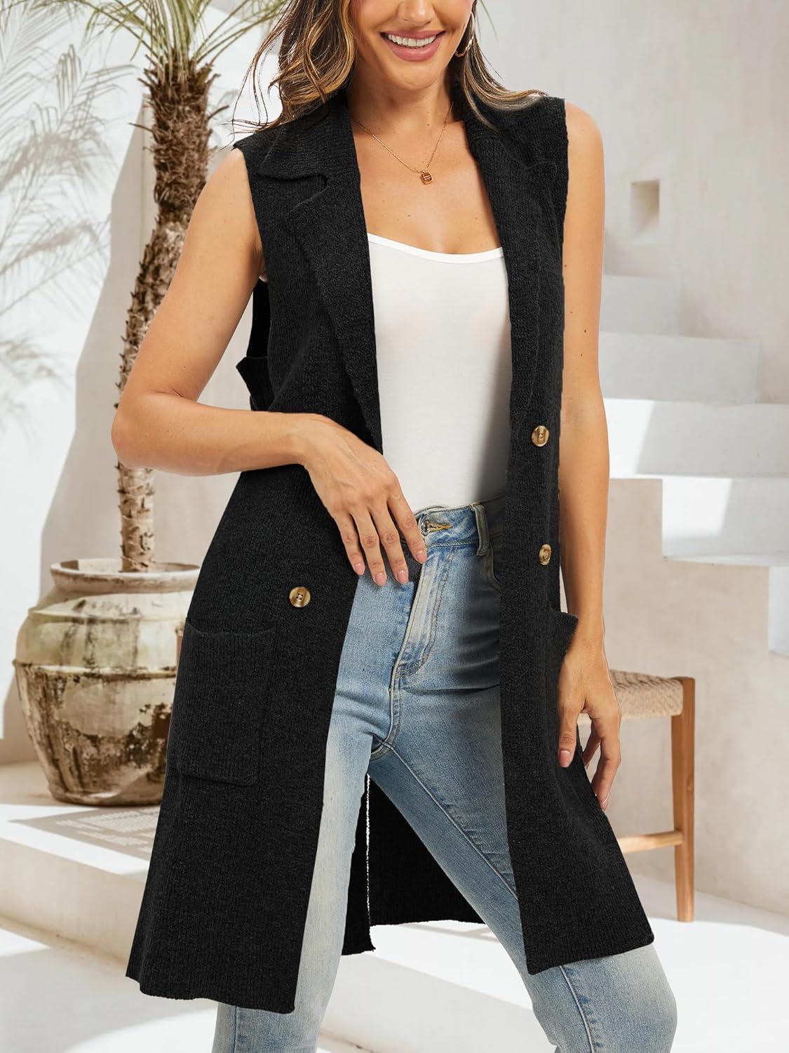 imageMoss Rose Sleeveless Cardigans for Women Open Front Sweaters Vest Lapel Collar Button Down Long Outerwear CoatsBlack