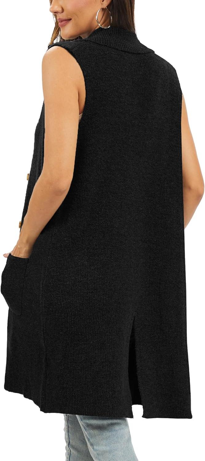 imageMoss Rose Sleeveless Cardigans for Women Open Front Sweaters Vest Lapel Collar Button Down Long Outerwear CoatsBlack