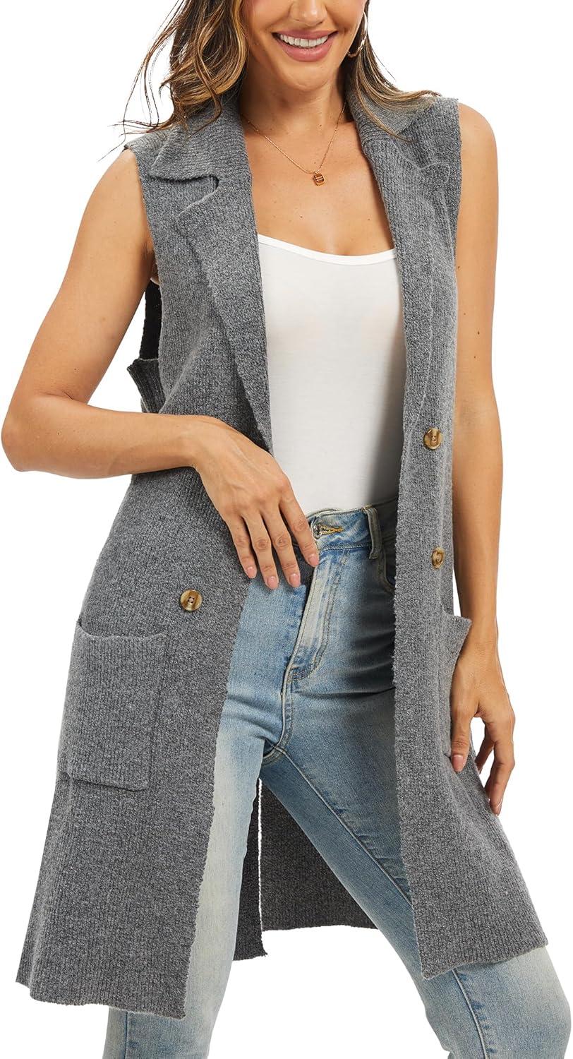 imageMoss Rose Sleeveless Cardigans for Women Open Front Sweaters Vest Lapel Collar Button Down Long Outerwear CoatsGrey