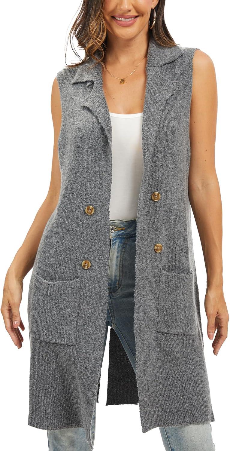 imageMoss Rose Sleeveless Cardigans for Women Open Front Sweaters Vest Lapel Collar Button Down Long Outerwear CoatsGrey