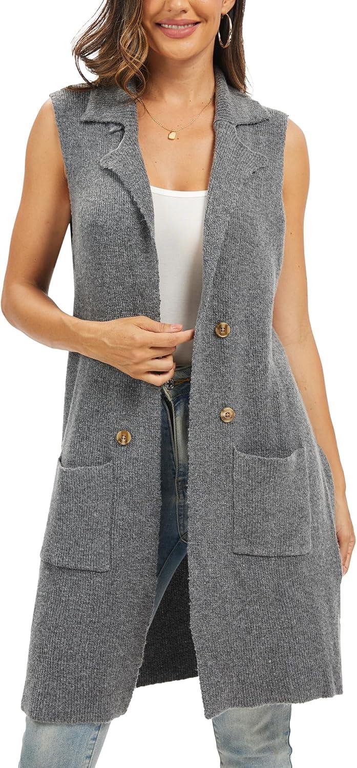 imageMoss Rose Sleeveless Cardigans for Women Open Front Sweaters Vest Lapel Collar Button Down Long Outerwear CoatsGrey