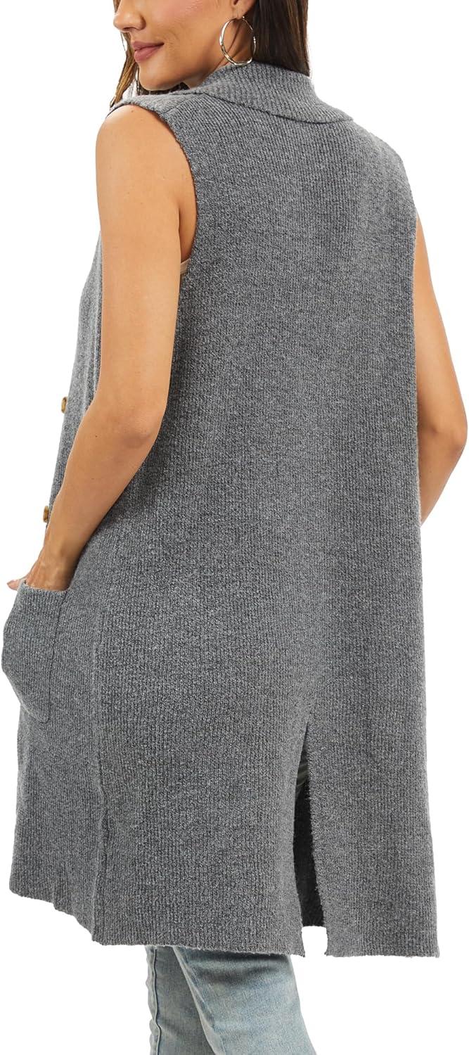imageMoss Rose Sleeveless Cardigans for Women Open Front Sweaters Vest Lapel Collar Button Down Long Outerwear CoatsGrey