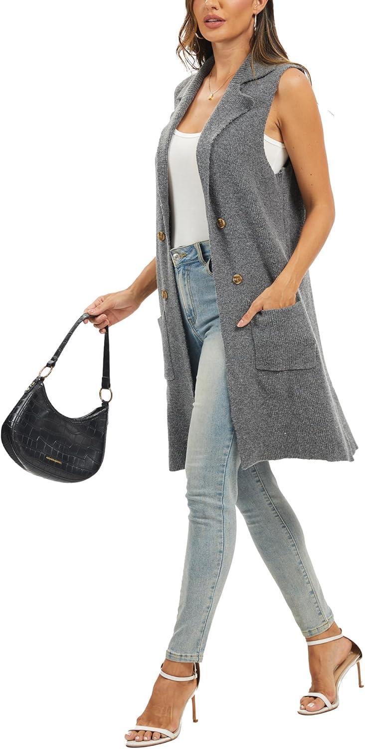 imageMoss Rose Sleeveless Cardigans for Women Open Front Sweaters Vest Lapel Collar Button Down Long Outerwear CoatsGrey