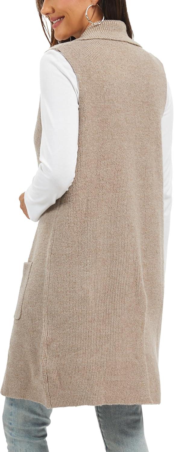 imageMoss Rose Sleeveless Cardigans for Women Open Front Sweaters Vest Lapel Collar Button Down Long Outerwear CoatsKhaki