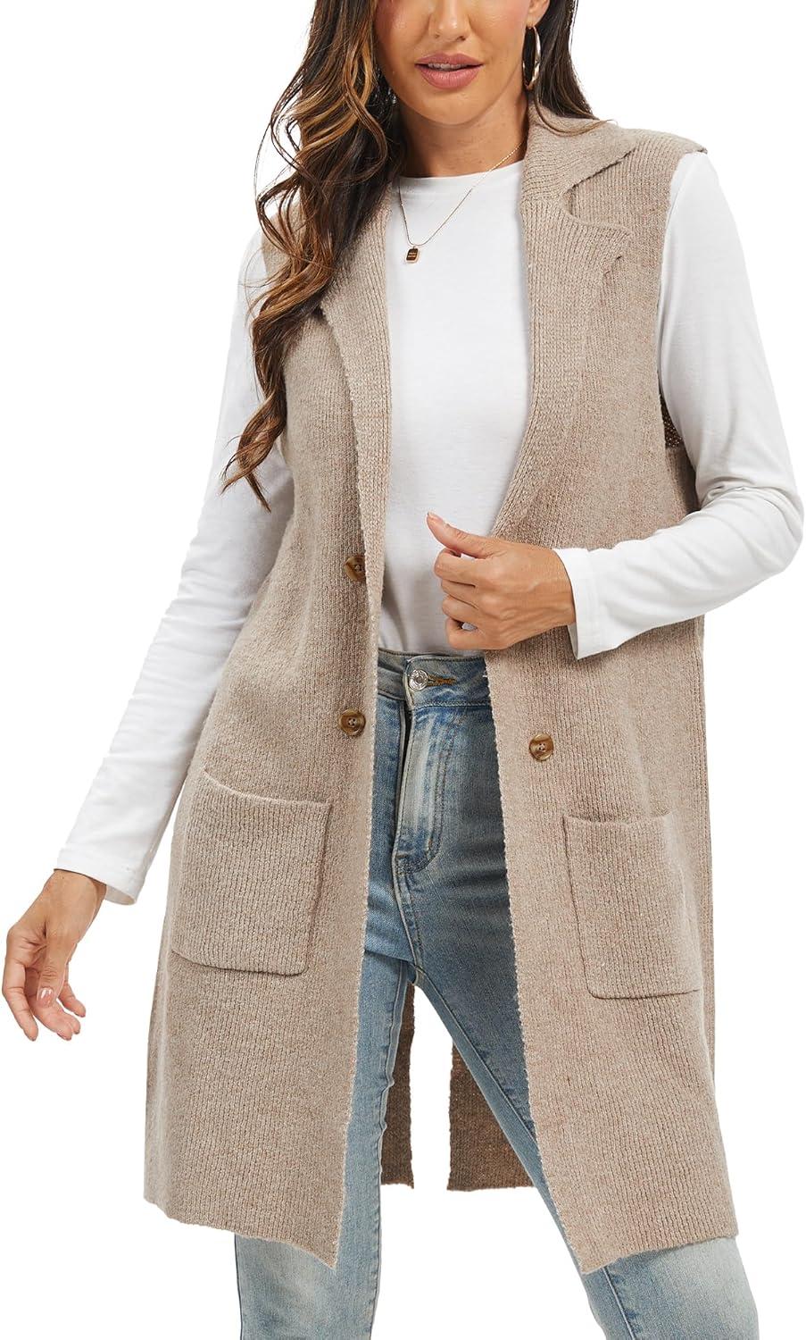 imageMoss Rose Sleeveless Cardigans for Women Open Front Sweaters Vest Lapel Collar Button Down Long Outerwear CoatsKhaki