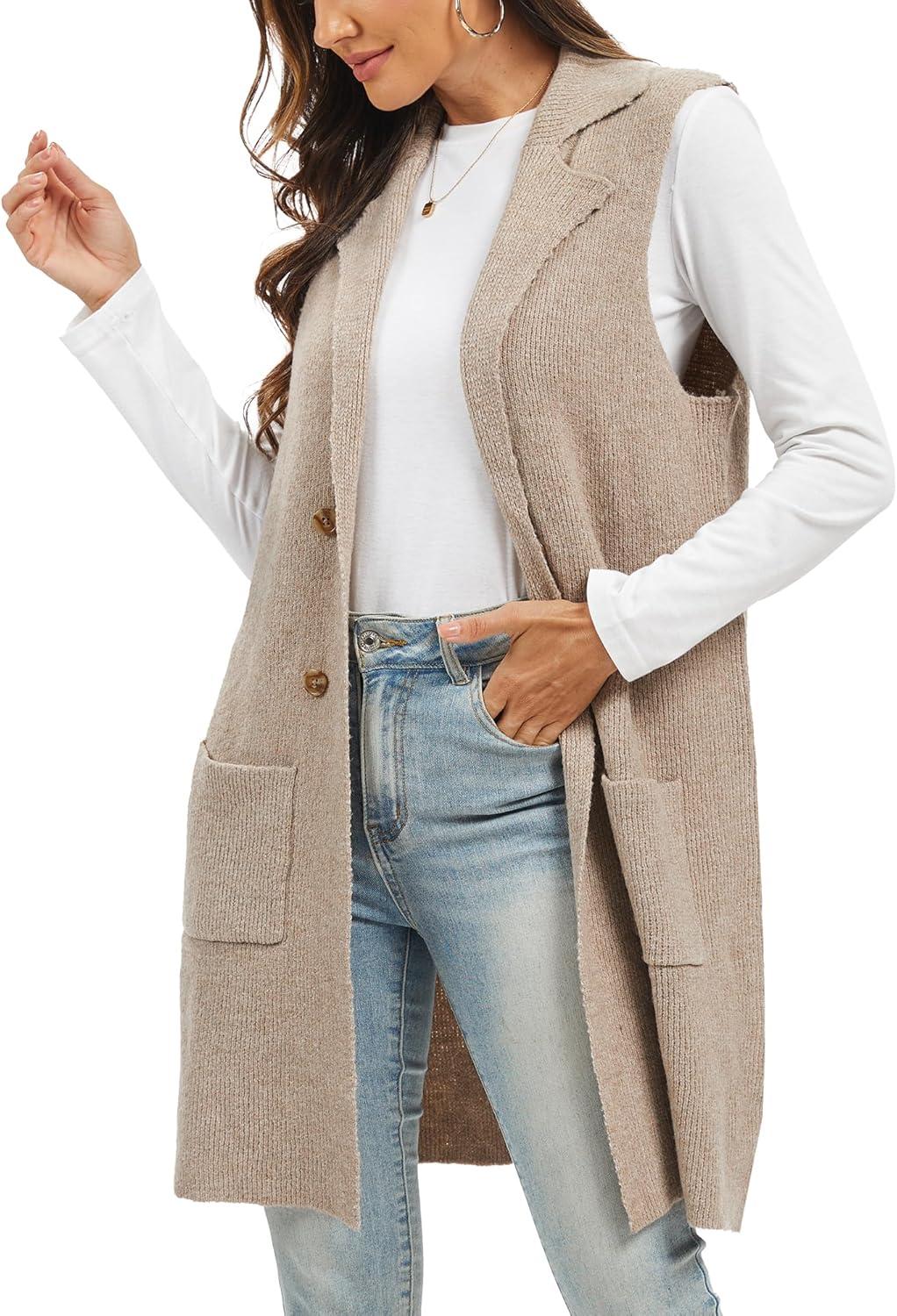 imageMoss Rose Sleeveless Cardigans for Women Open Front Sweaters Vest Lapel Collar Button Down Long Outerwear CoatsKhaki