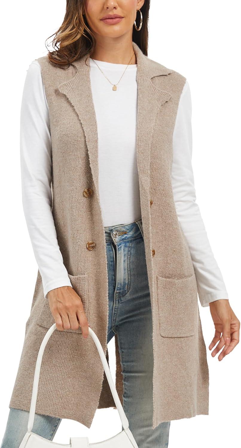 imageMoss Rose Sleeveless Cardigans for Women Open Front Sweaters Vest Lapel Collar Button Down Long Outerwear CoatsKhaki