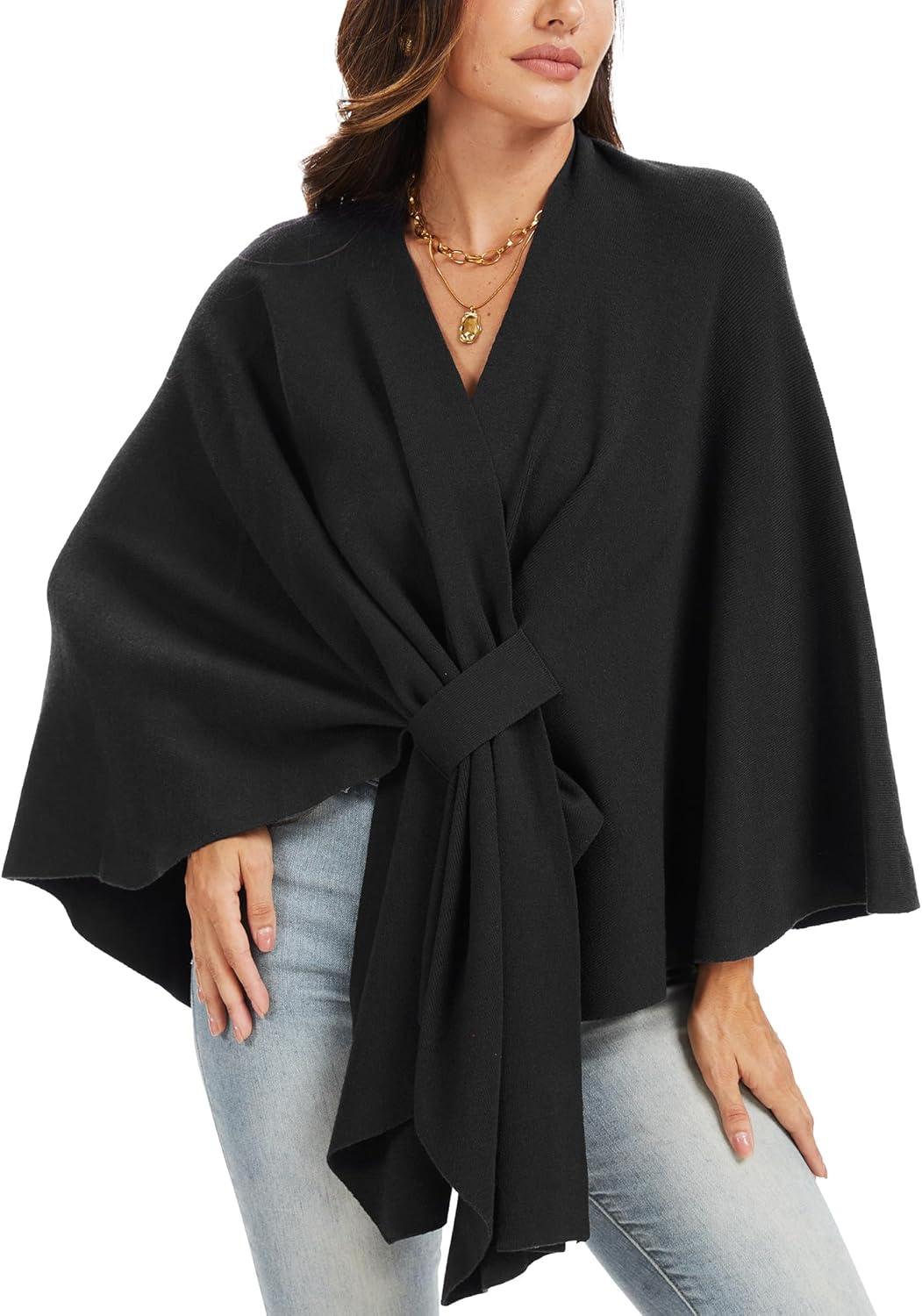 imageMoss Rose Womens Elegant Shawl Wraps Soft Open Front Poncho Sweater for Spring Fall WinterAblack