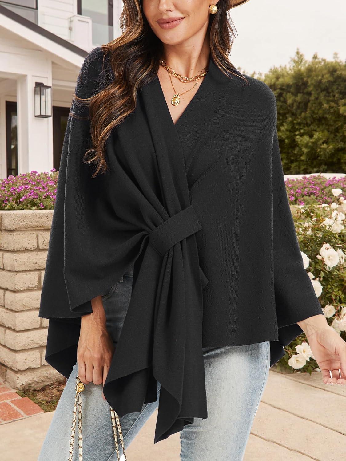 imageMoss Rose Womens Elegant Shawl Wraps Soft Open Front Poncho Sweater for Spring Fall WinterAblack