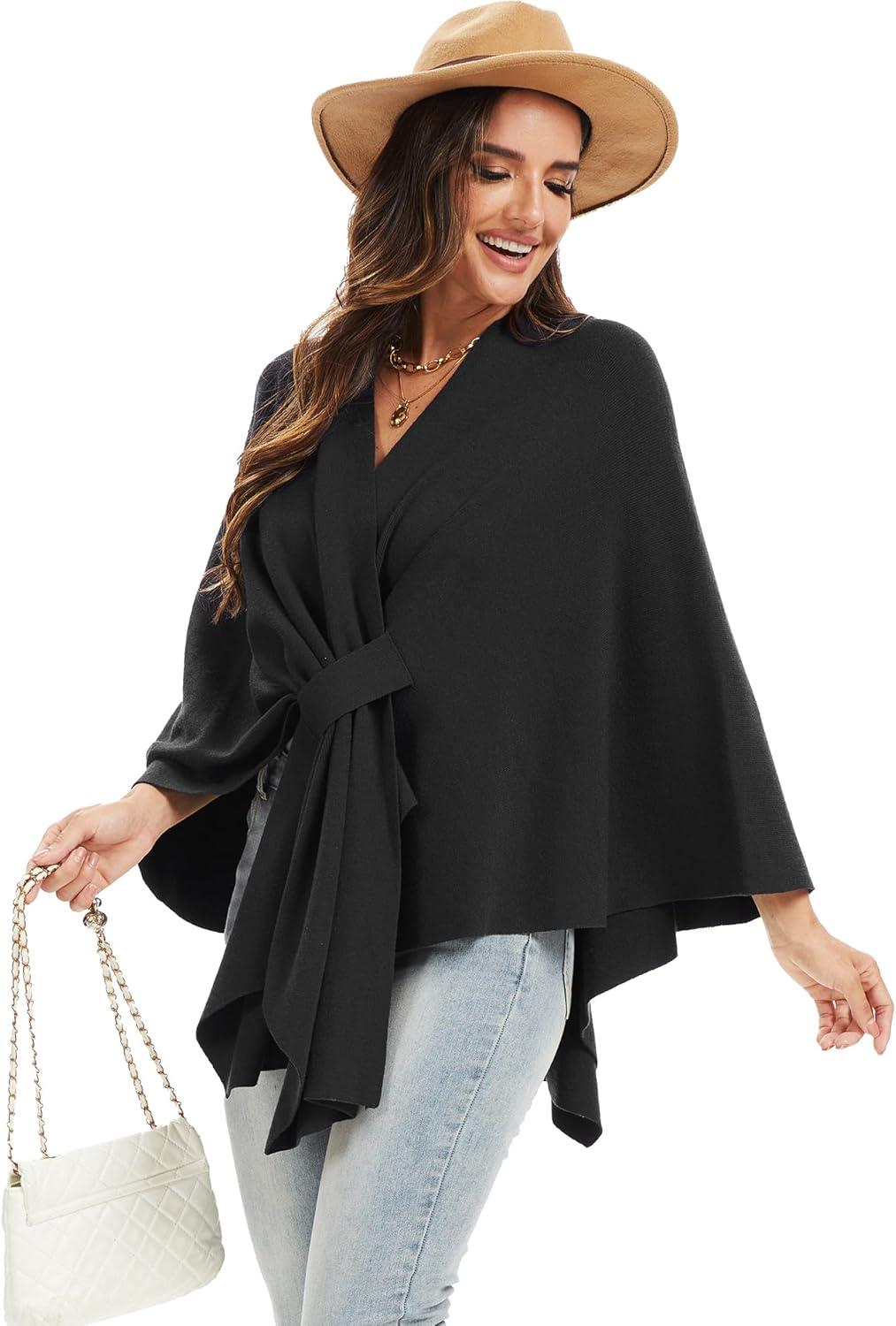 imageMoss Rose Womens Elegant Shawl Wraps Soft Open Front Poncho Sweater for Spring Fall WinterAblack