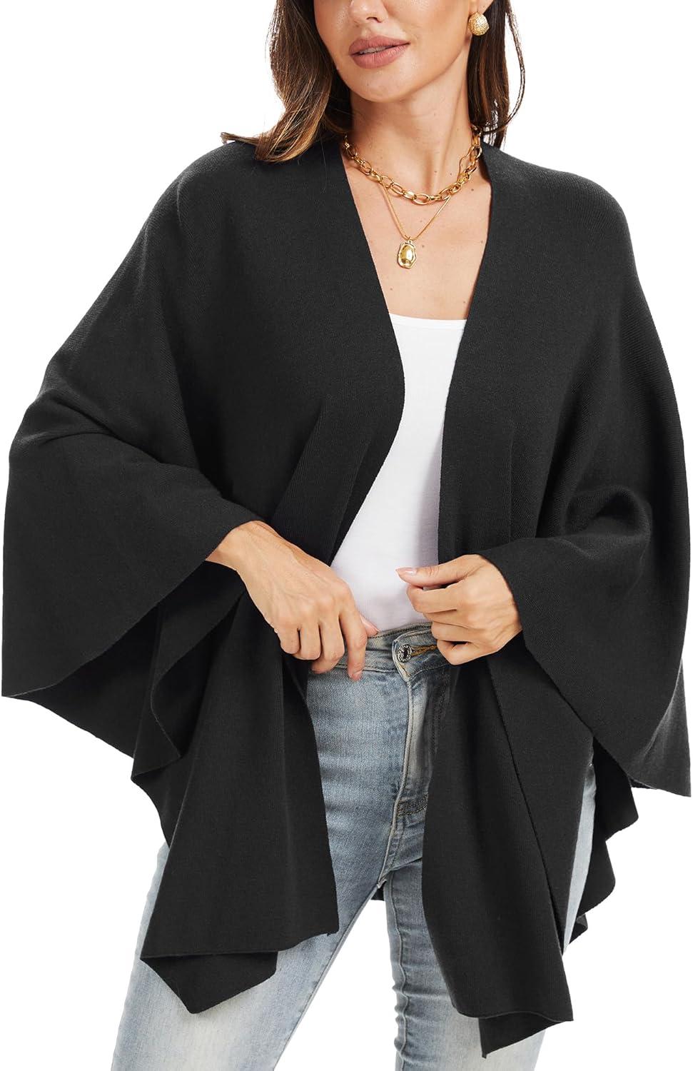 imageMoss Rose Womens Elegant Shawl Wraps Soft Open Front Poncho Sweater for Spring Fall WinterAblack