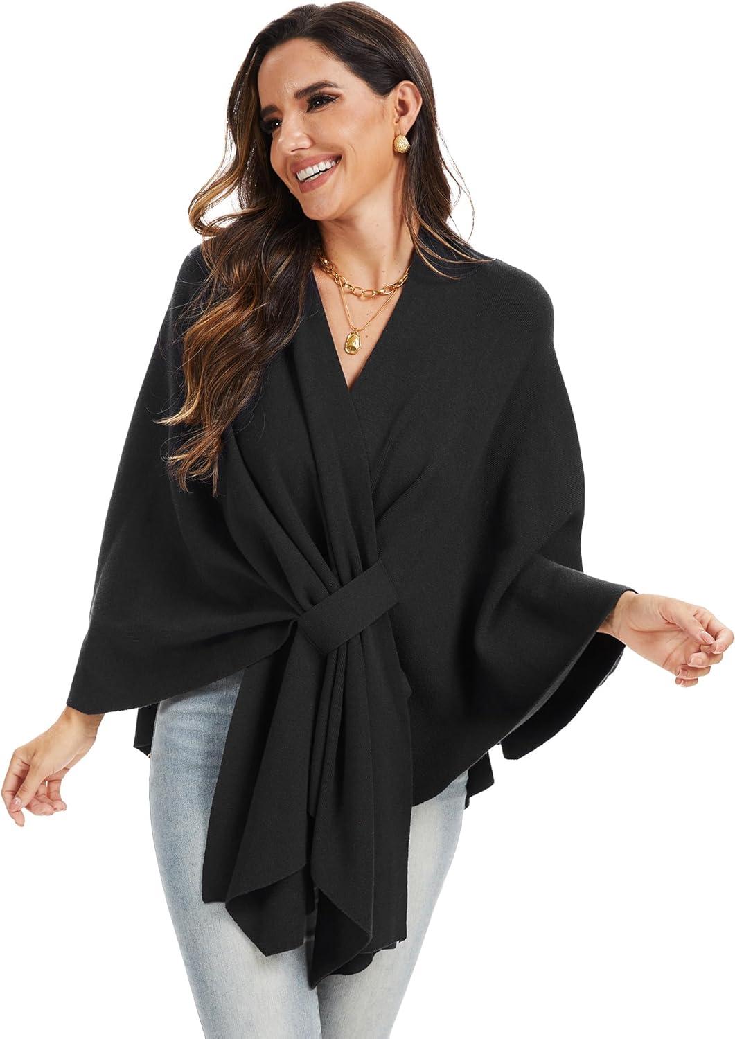 imageMoss Rose Womens Elegant Shawl Wraps Soft Open Front Poncho Sweater for Spring Fall WinterAblack