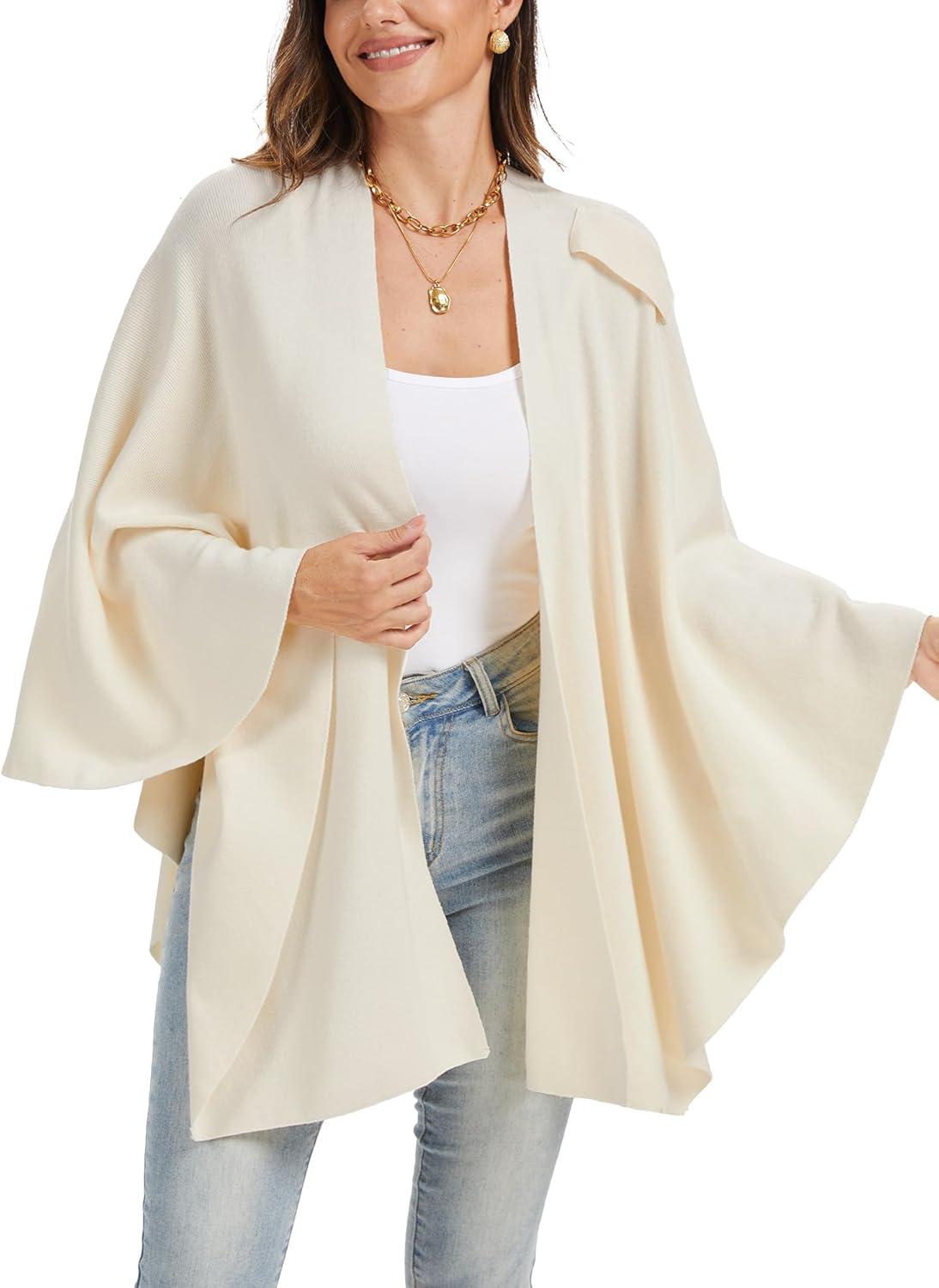 imageMoss Rose Womens Large Cross Front Poncho Sweater Wrap Topper Knitted Elegant Shawls Cape for Fall WinterAapricot