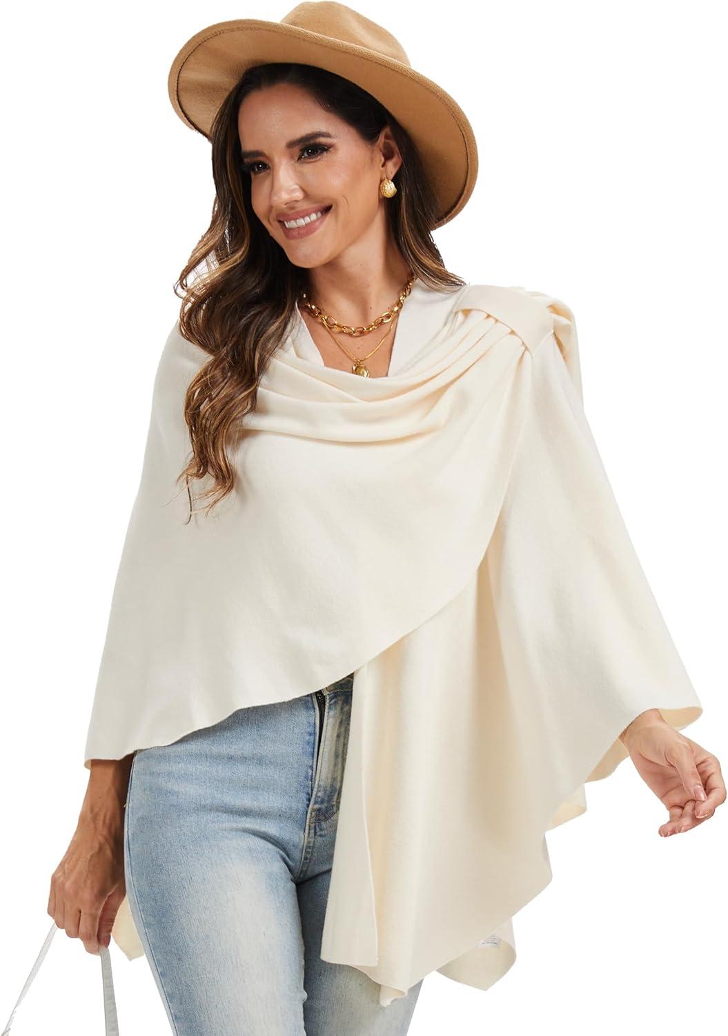 imageMoss Rose Womens Large Cross Front Poncho Sweater Wrap Topper Knitted Elegant Shawls Cape for Fall WinterAapricot