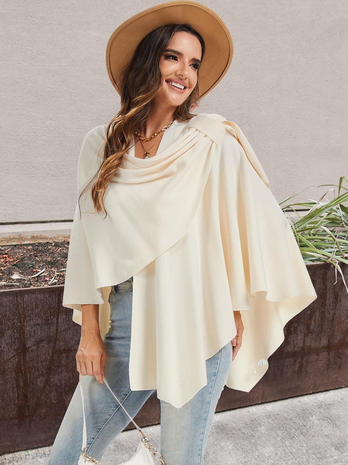 imageMoss Rose Womens Large Cross Front Poncho Sweater Wrap Topper Knitted Elegant Shawls Cape for Fall WinterAapricot