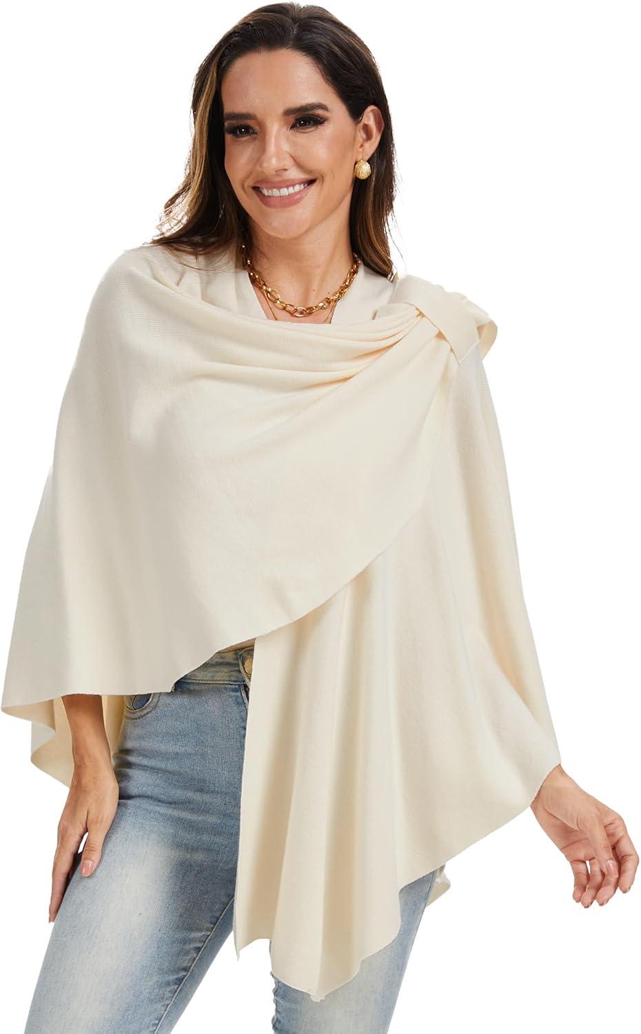 imageMoss Rose Womens Large Cross Front Poncho Sweater Wrap Topper Knitted Elegant Shawls Cape for Fall WinterAapricot