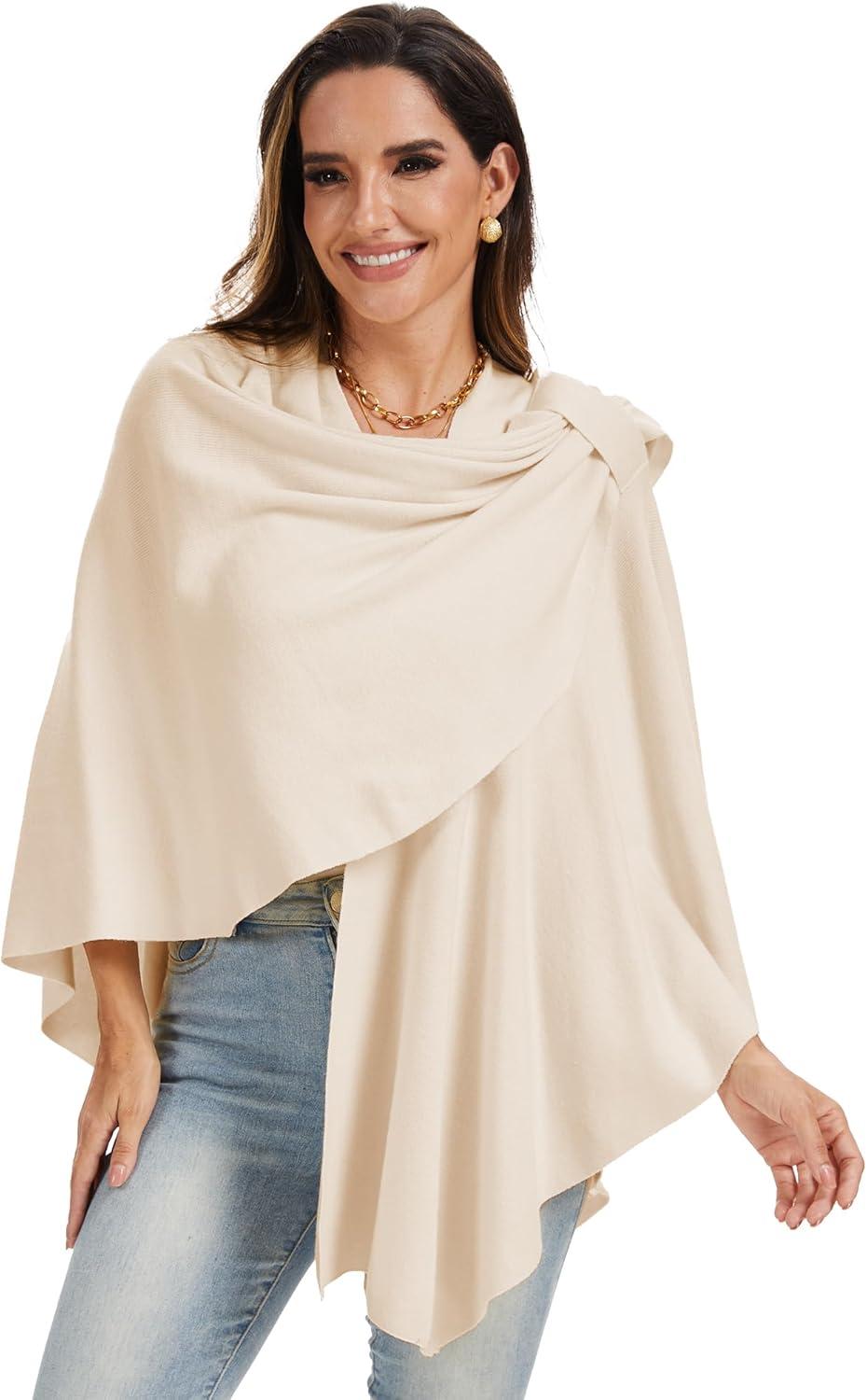 imageMoss Rose Womens Large Cross Front Poncho Sweater Wrap Topper Knitted Elegant Shawls Cape for Fall WinterAbeige