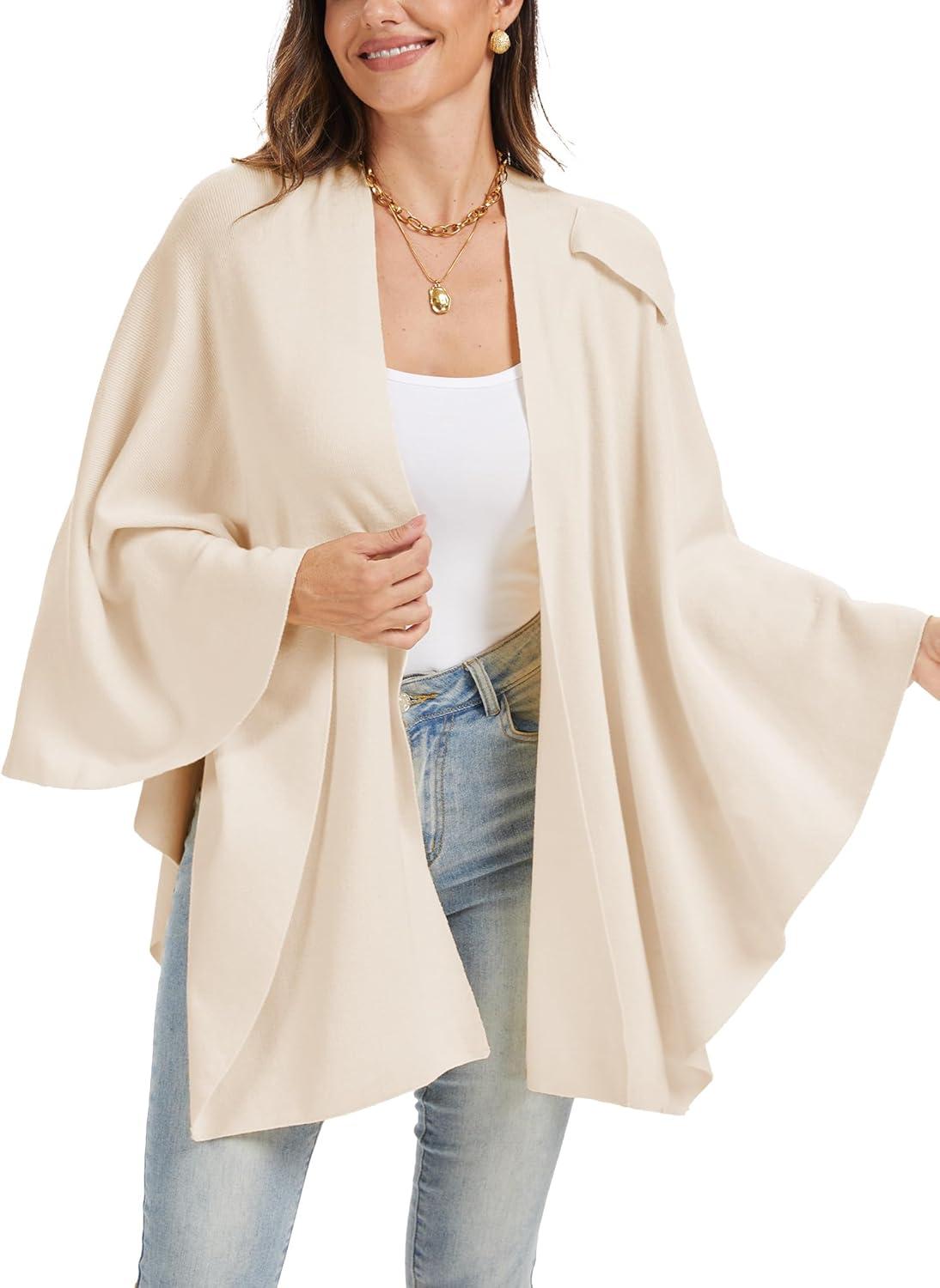 imageMoss Rose Womens Large Cross Front Poncho Sweater Wrap Topper Knitted Elegant Shawls Cape for Fall WinterAbeige