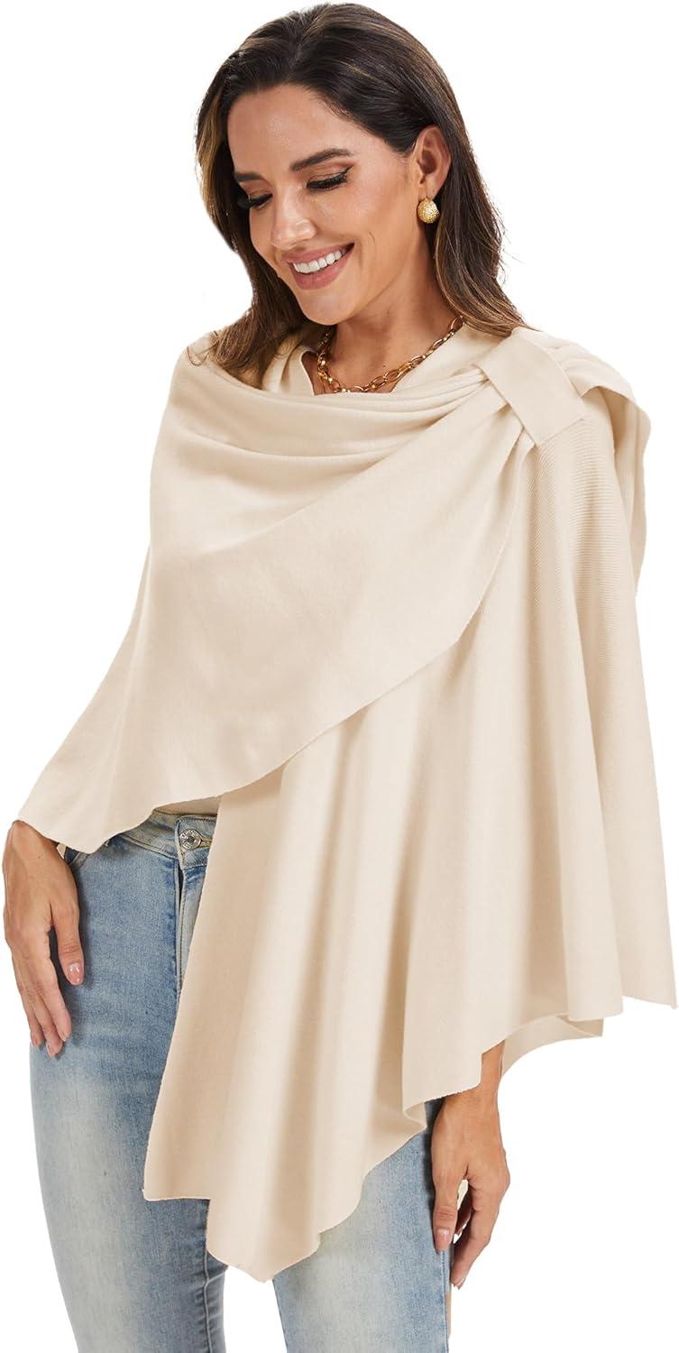 imageMoss Rose Womens Large Cross Front Poncho Sweater Wrap Topper Knitted Elegant Shawls Cape for Fall WinterAbeige