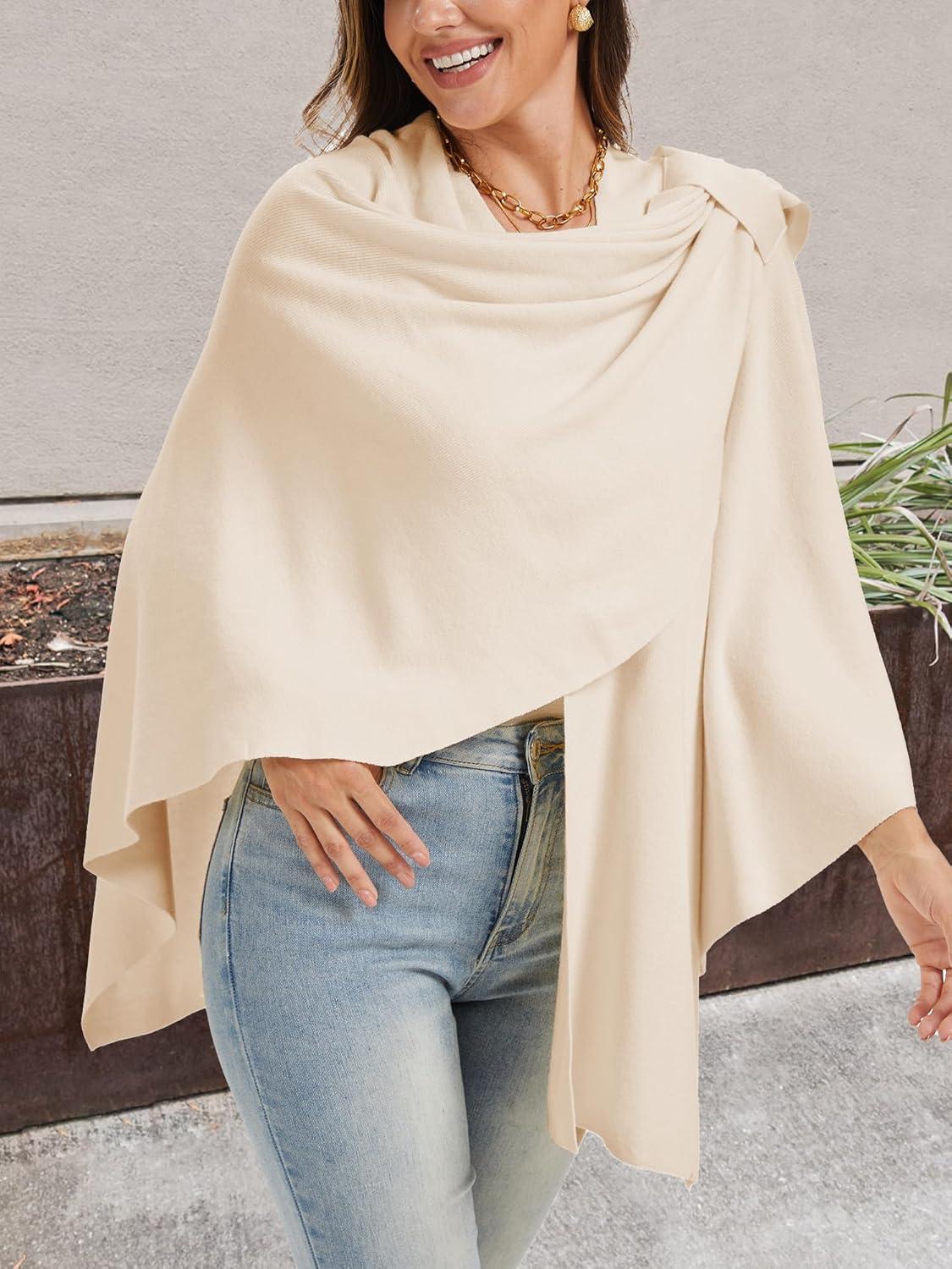 imageMoss Rose Womens Large Cross Front Poncho Sweater Wrap Topper Knitted Elegant Shawls Cape for Fall WinterAbeige