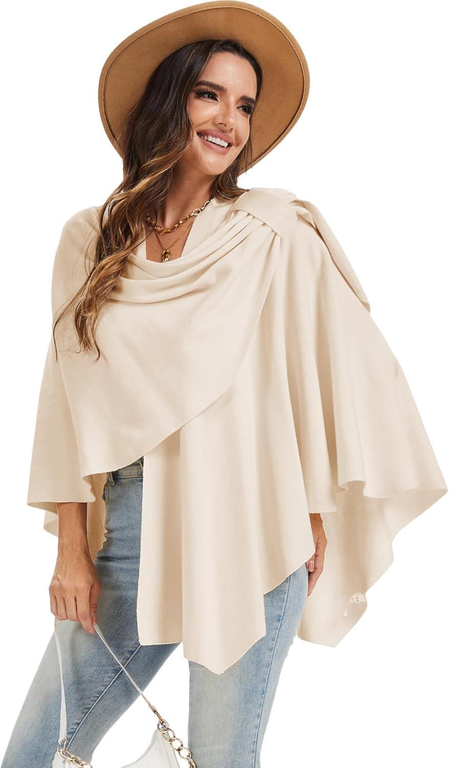 imageMoss Rose Womens Large Cross Front Poncho Sweater Wrap Topper Knitted Elegant Shawls Cape for Fall WinterAbeige