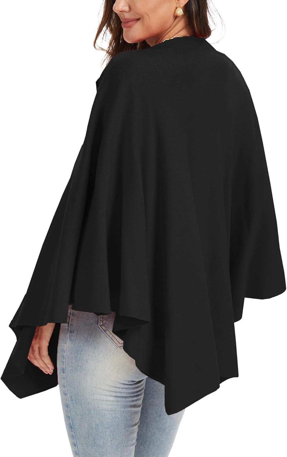 imageMoss Rose Womens Large Cross Front Poncho Sweater Wrap Topper Knitted Elegant Shawls Cape for Fall WinterAblack