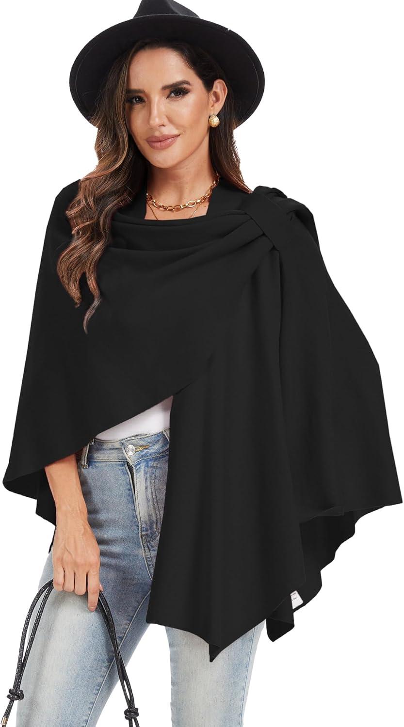 imageMoss Rose Womens Large Cross Front Poncho Sweater Wrap Topper Knitted Elegant Shawls Cape for Fall WinterAblack