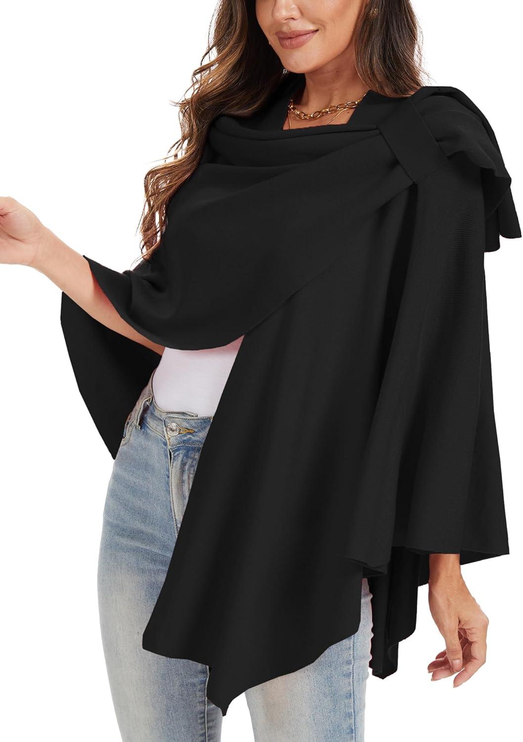 imageMoss Rose Womens Large Cross Front Poncho Sweater Wrap Topper Knitted Elegant Shawls Cape for Fall WinterAblack