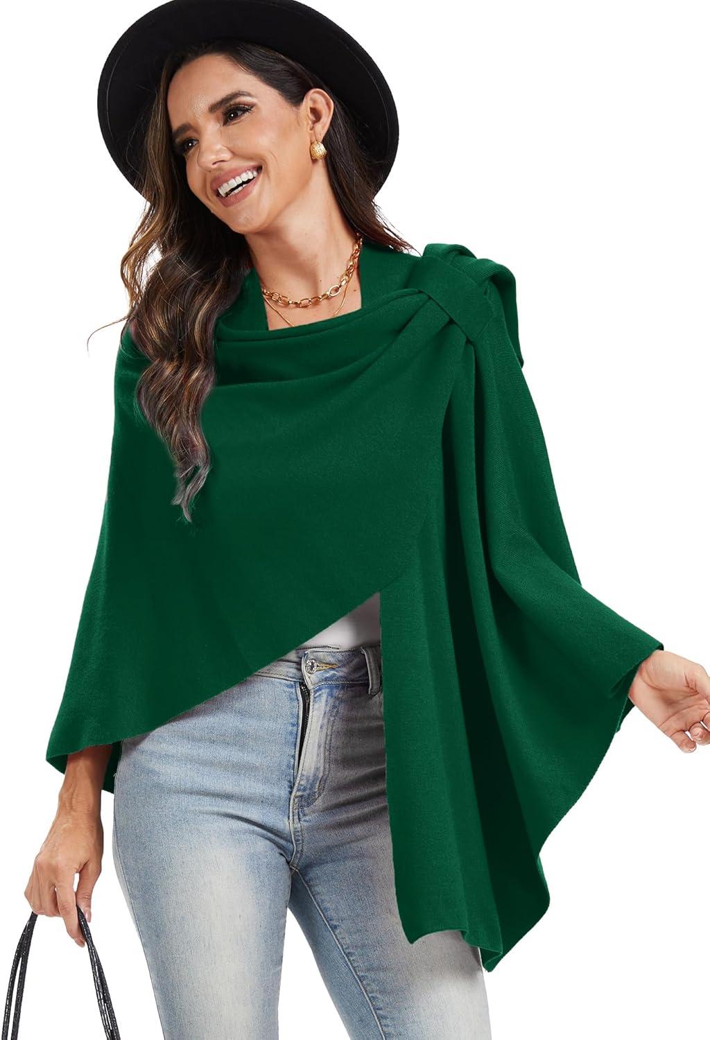 imageMoss Rose Womens Large Cross Front Poncho Sweater Wrap Topper Knitted Elegant Shawls Cape for Fall WinterAgreen
