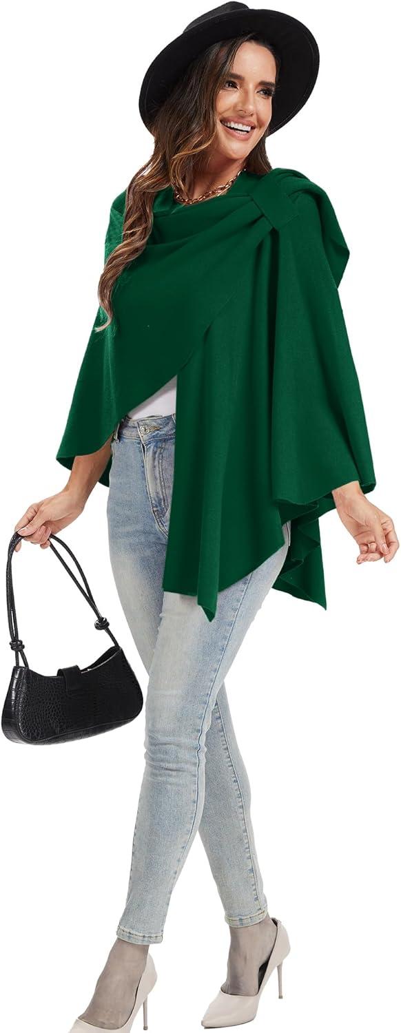 imageMoss Rose Womens Large Cross Front Poncho Sweater Wrap Topper Knitted Elegant Shawls Cape for Fall WinterAgreen