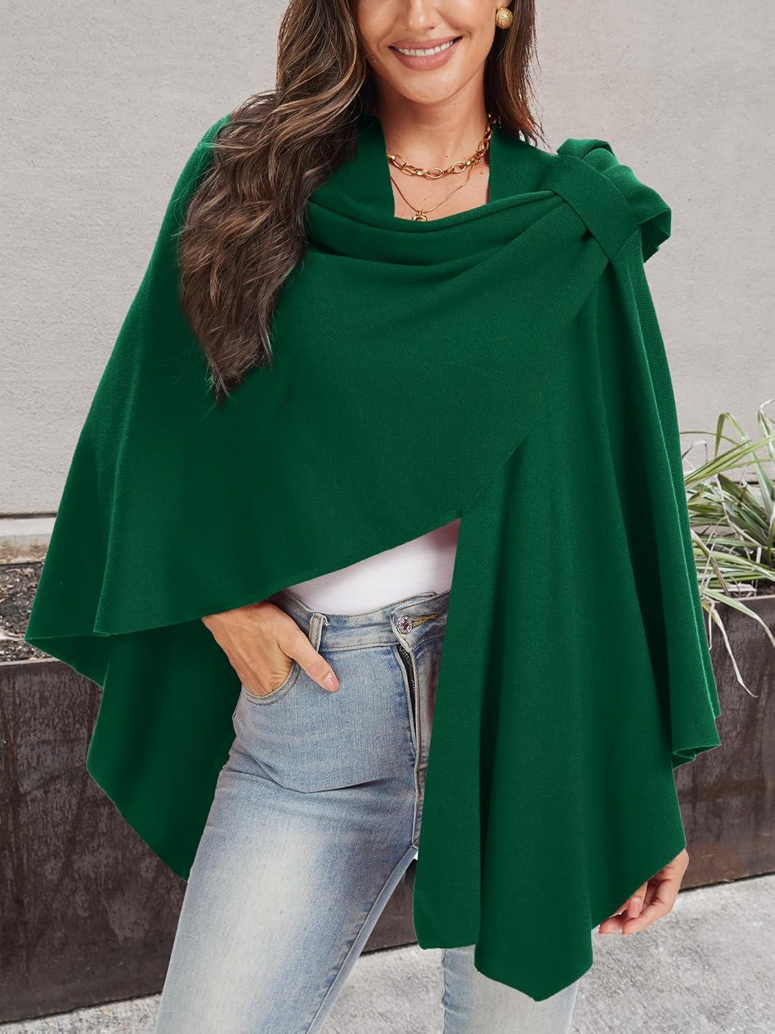 imageMoss Rose Womens Large Cross Front Poncho Sweater Wrap Topper Knitted Elegant Shawls Cape for Fall WinterAgreen