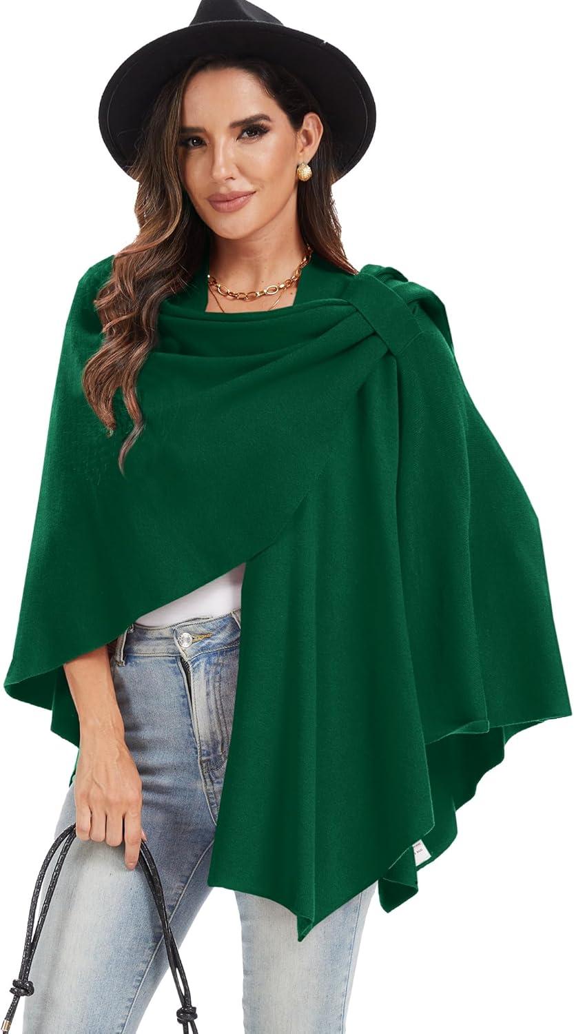 imageMoss Rose Womens Large Cross Front Poncho Sweater Wrap Topper Knitted Elegant Shawls Cape for Fall WinterAgreen