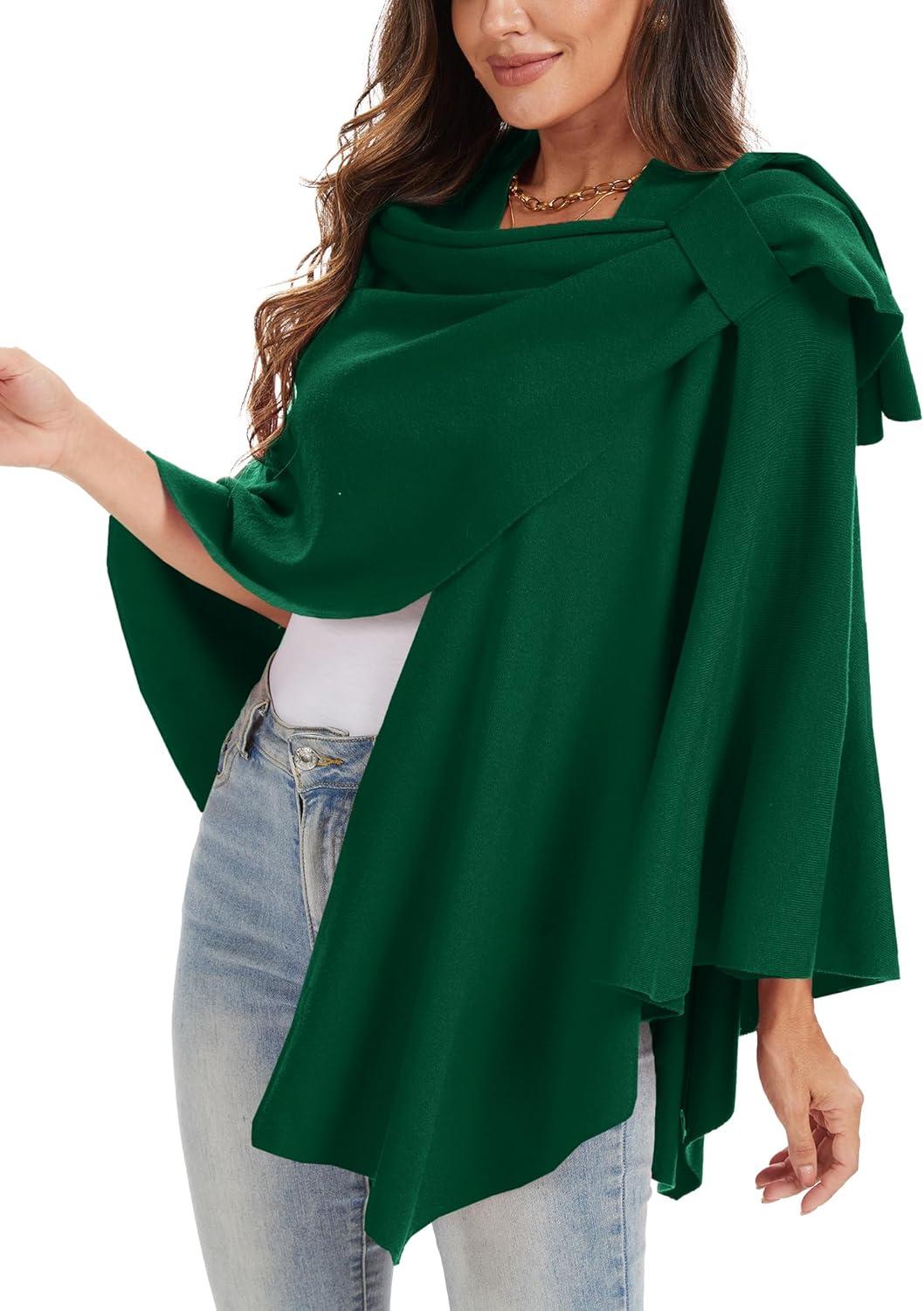 imageMoss Rose Womens Large Cross Front Poncho Sweater Wrap Topper Knitted Elegant Shawls Cape for Fall WinterAgreen