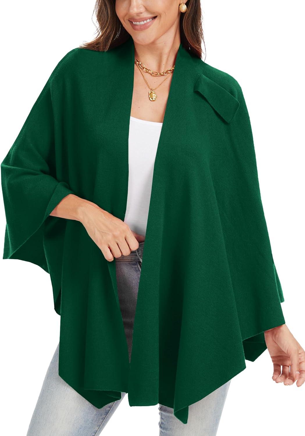 imageMoss Rose Womens Large Cross Front Poncho Sweater Wrap Topper Knitted Elegant Shawls Cape for Fall WinterAgreen