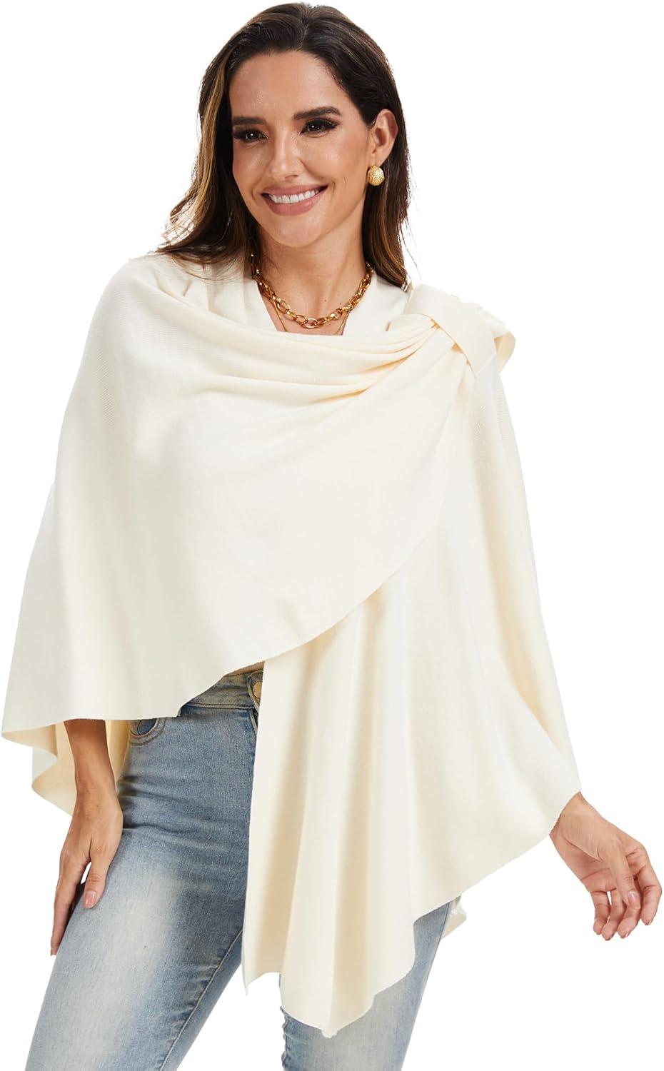 imageMoss Rose Womens Large Cross Front Poncho Sweater Wrap Topper Knitted Elegant Shawls Cape for Fall WinterAivory