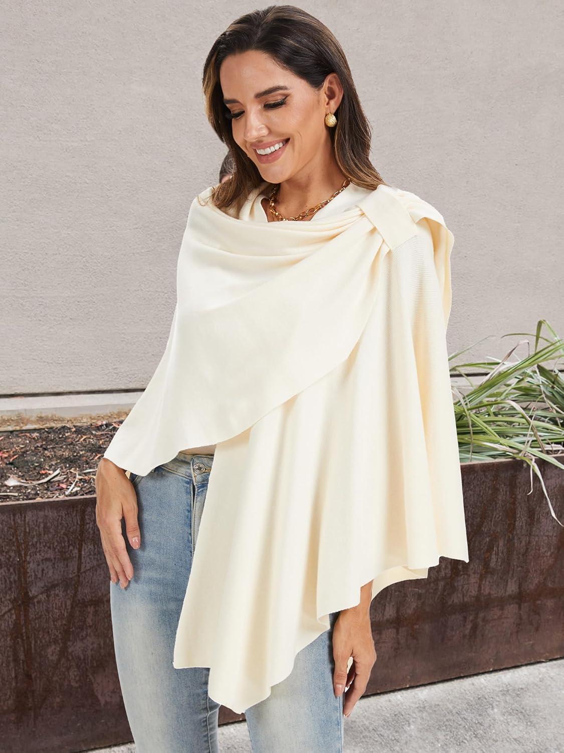 imageMoss Rose Womens Large Cross Front Poncho Sweater Wrap Topper Knitted Elegant Shawls Cape for Fall WinterAivory