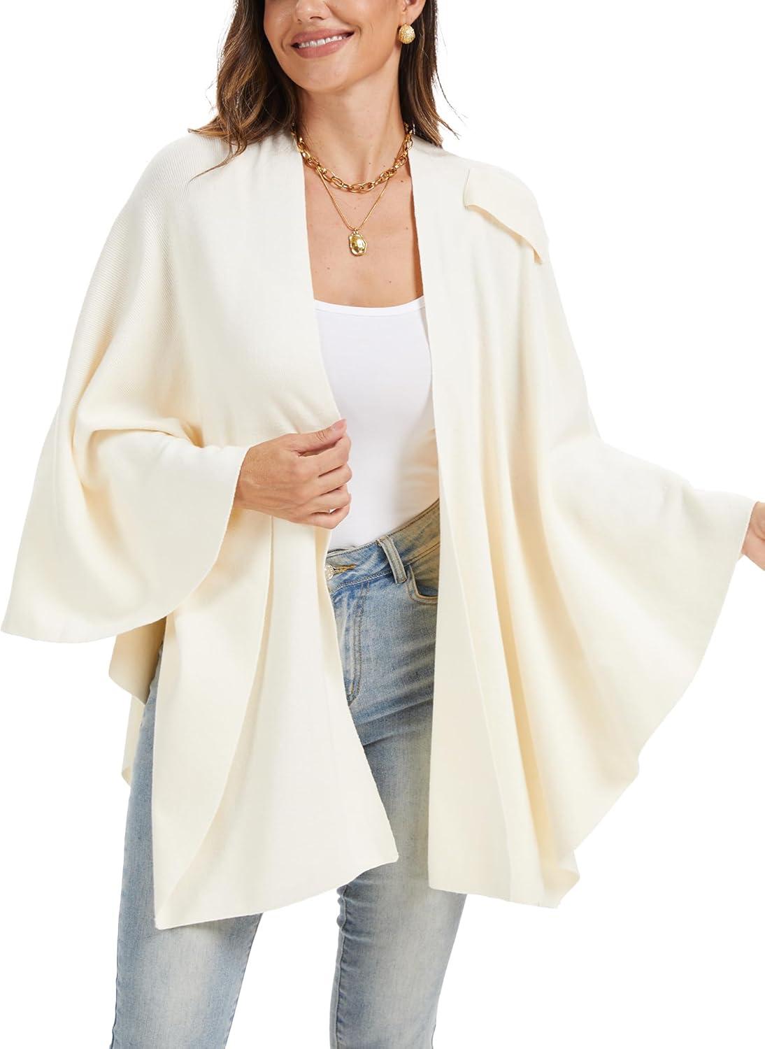 imageMoss Rose Womens Large Cross Front Poncho Sweater Wrap Topper Knitted Elegant Shawls Cape for Fall WinterAivory