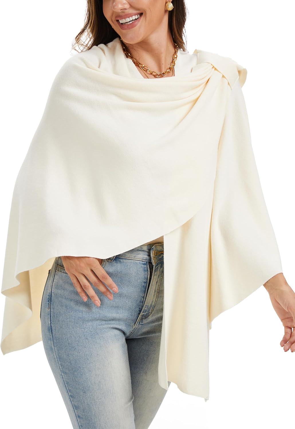 imageMoss Rose Womens Large Cross Front Poncho Sweater Wrap Topper Knitted Elegant Shawls Cape for Fall WinterAivory