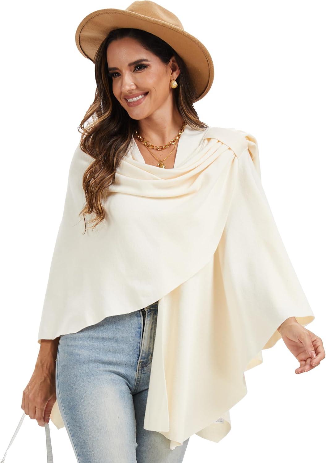 imageMoss Rose Womens Large Cross Front Poncho Sweater Wrap Topper Knitted Elegant Shawls Cape for Fall WinterAivory