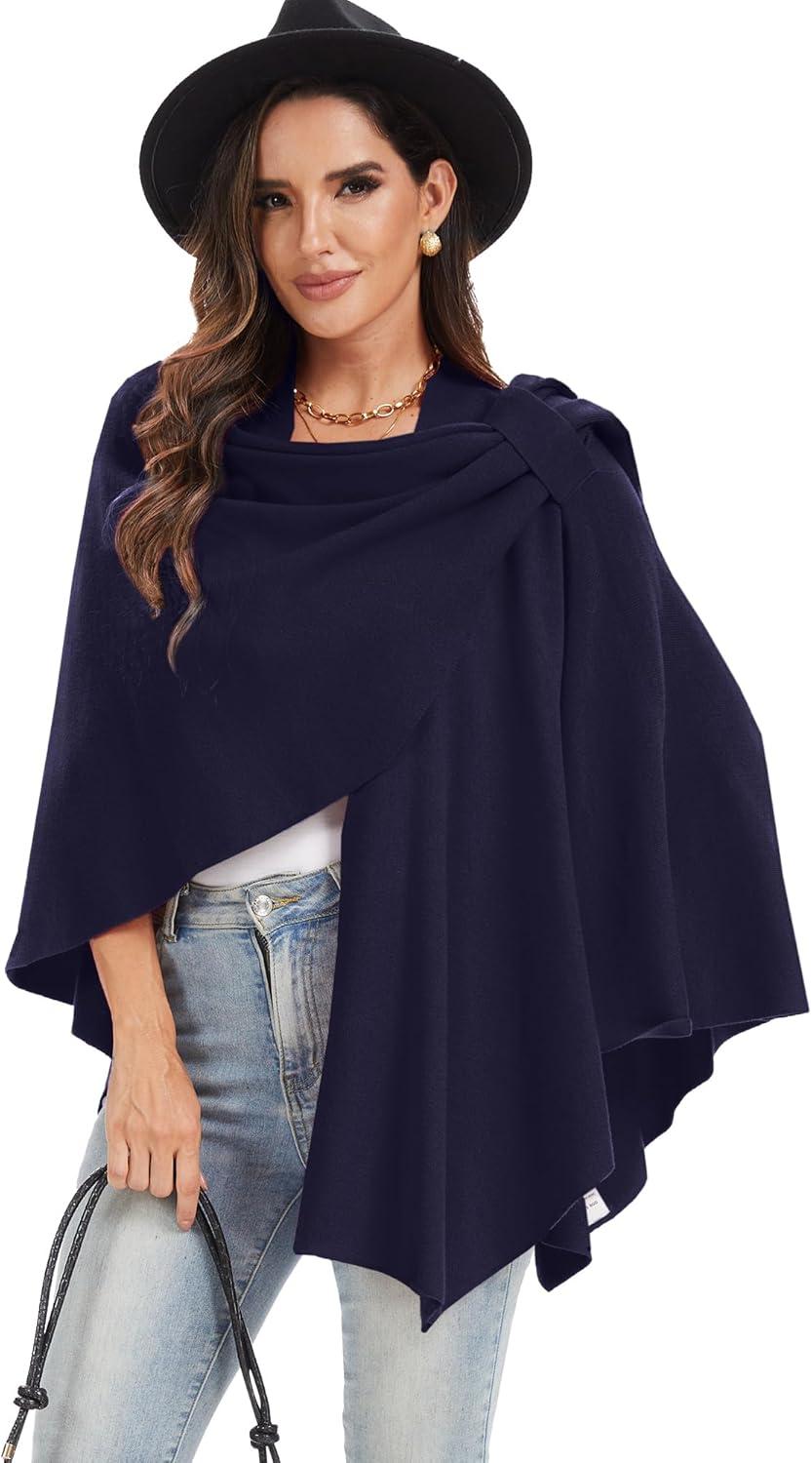 imageMoss Rose Womens Large Cross Front Poncho Sweater Wrap Topper Knitted Elegant Shawls Cape for Fall WinterAnavy