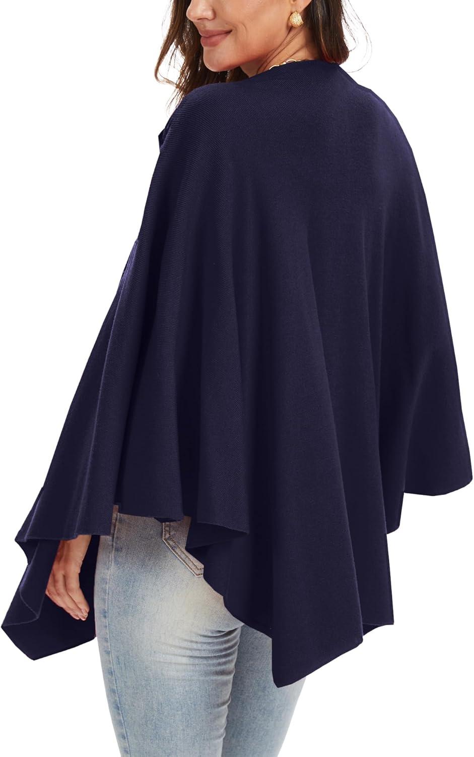 imageMoss Rose Womens Large Cross Front Poncho Sweater Wrap Topper Knitted Elegant Shawls Cape for Fall WinterAnavy