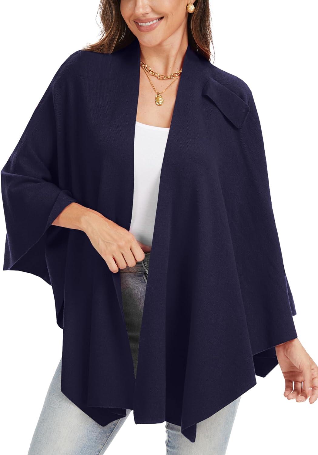 imageMoss Rose Womens Large Cross Front Poncho Sweater Wrap Topper Knitted Elegant Shawls Cape for Fall WinterAnavy