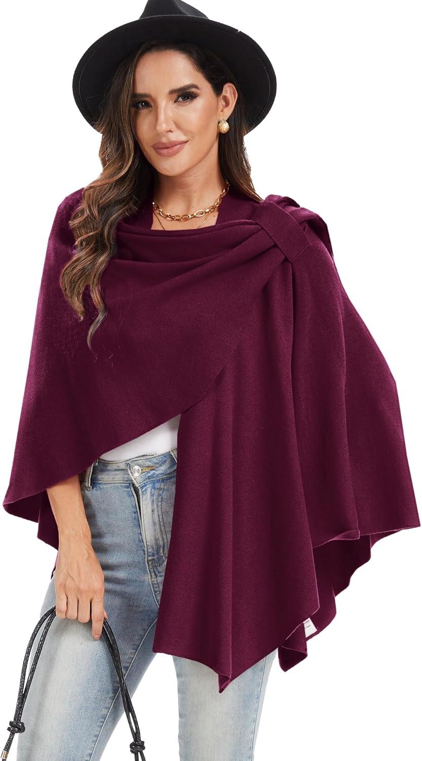 imageMoss Rose Womens Large Cross Front Poncho Sweater Wrap Topper Knitted Elegant Shawls Cape for Fall WinterApurple