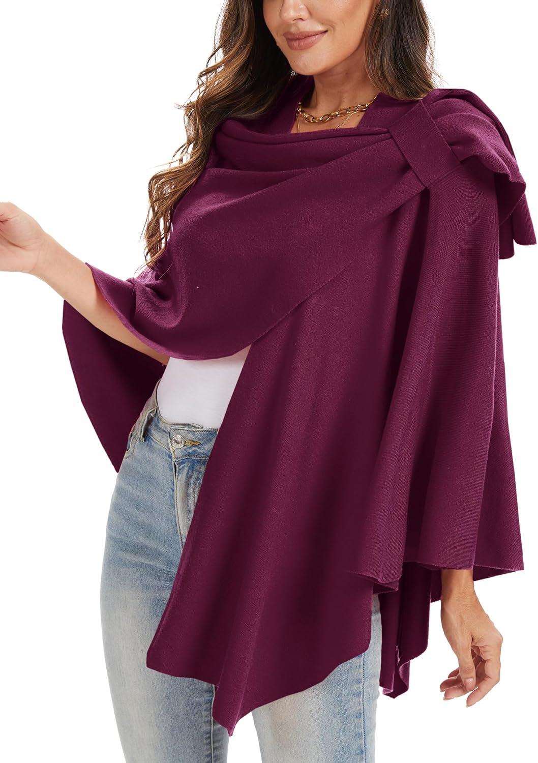 imageMoss Rose Womens Large Cross Front Poncho Sweater Wrap Topper Knitted Elegant Shawls Cape for Fall WinterApurple