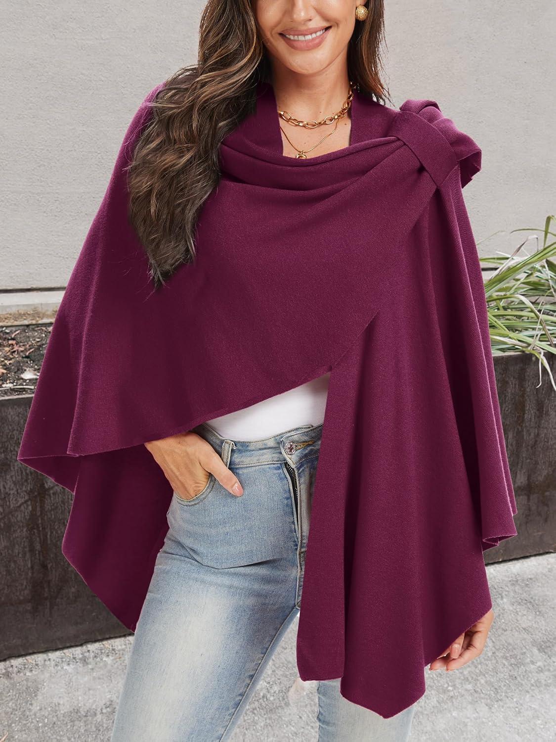 imageMoss Rose Womens Large Cross Front Poncho Sweater Wrap Topper Knitted Elegant Shawls Cape for Fall WinterApurple