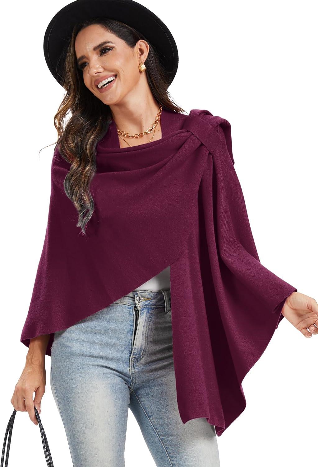 imageMoss Rose Womens Large Cross Front Poncho Sweater Wrap Topper Knitted Elegant Shawls Cape for Fall WinterApurple