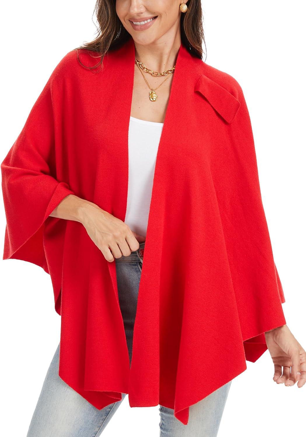 imageMoss Rose Womens Large Cross Front Poncho Sweater Wrap Topper Knitted Elegant Shawls Cape for Fall WinterAred