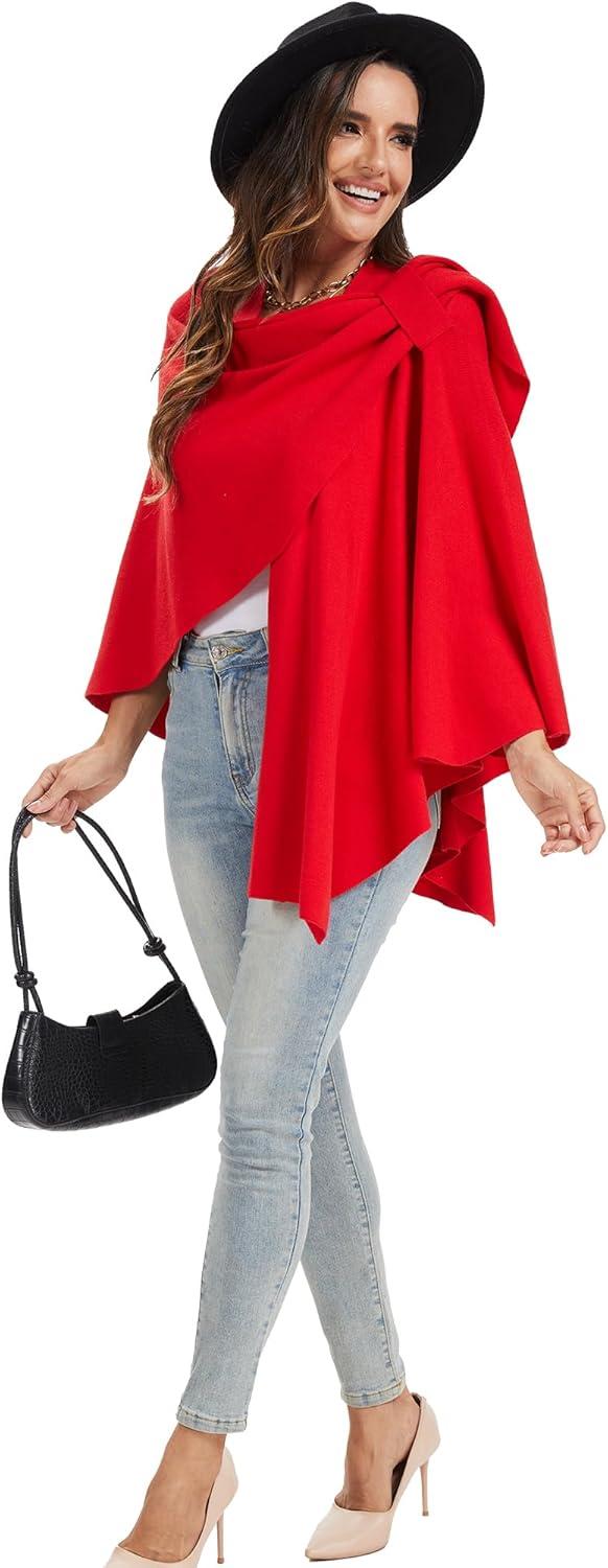 imageMoss Rose Womens Large Cross Front Poncho Sweater Wrap Topper Knitted Elegant Shawls Cape for Fall WinterAred